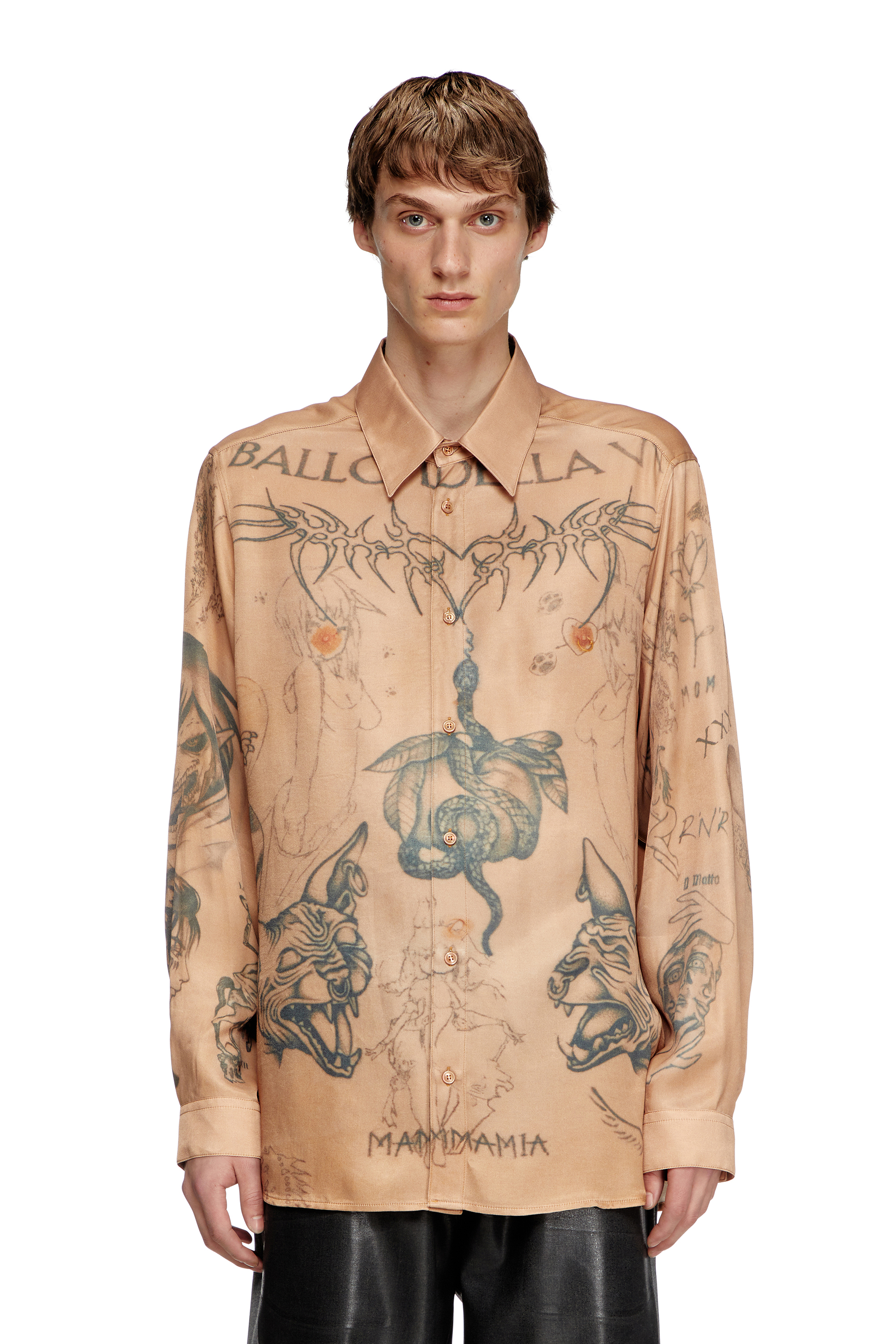 Diesel - S-SIMPLY-TTO-DD, Unisex's Fluid satin shirt with tattoo print in Beige - 6