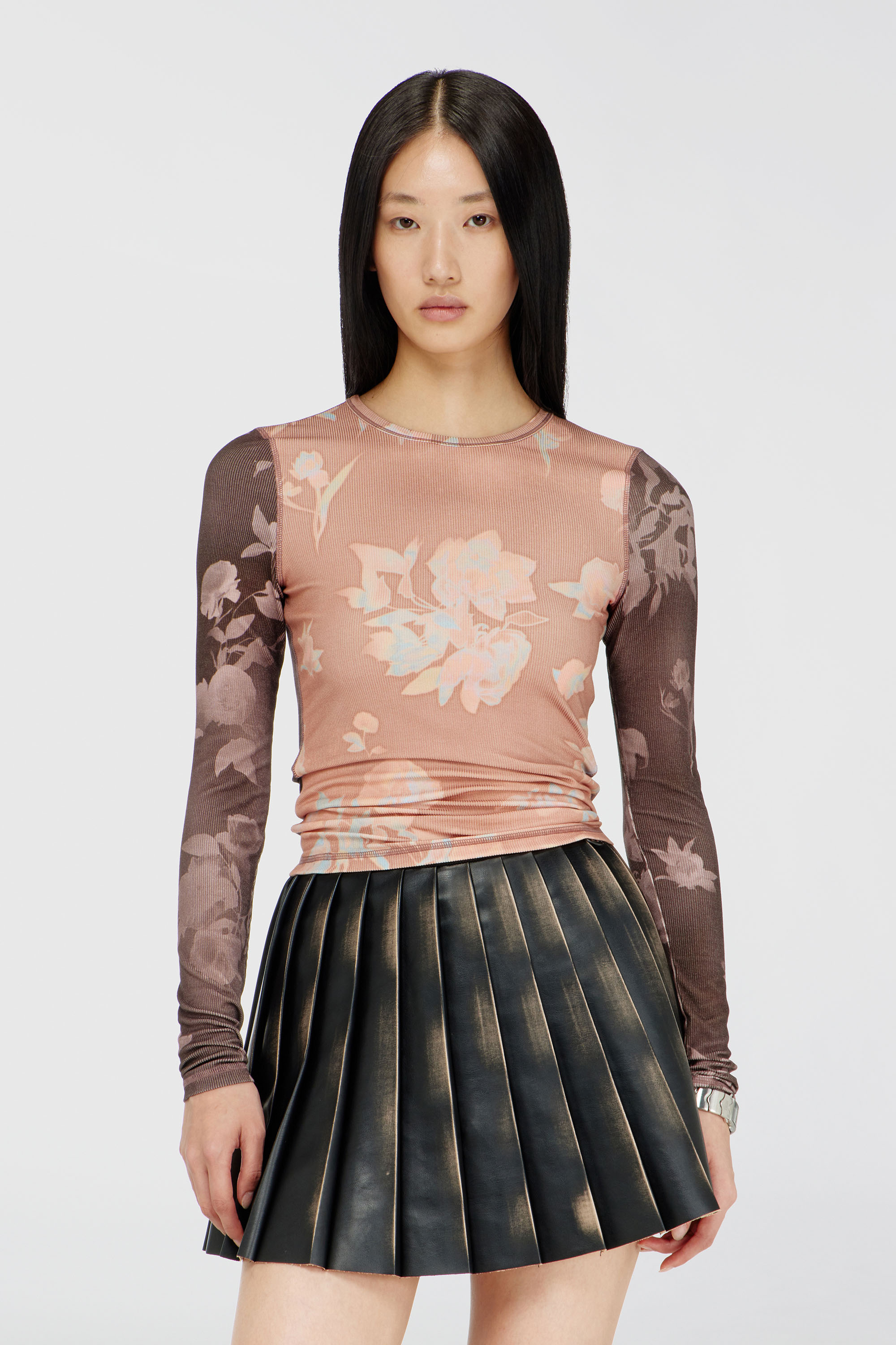 Diesel - T-MOKY-LS, Woman's Top in floral-print ribbed jersey in Pink - 3