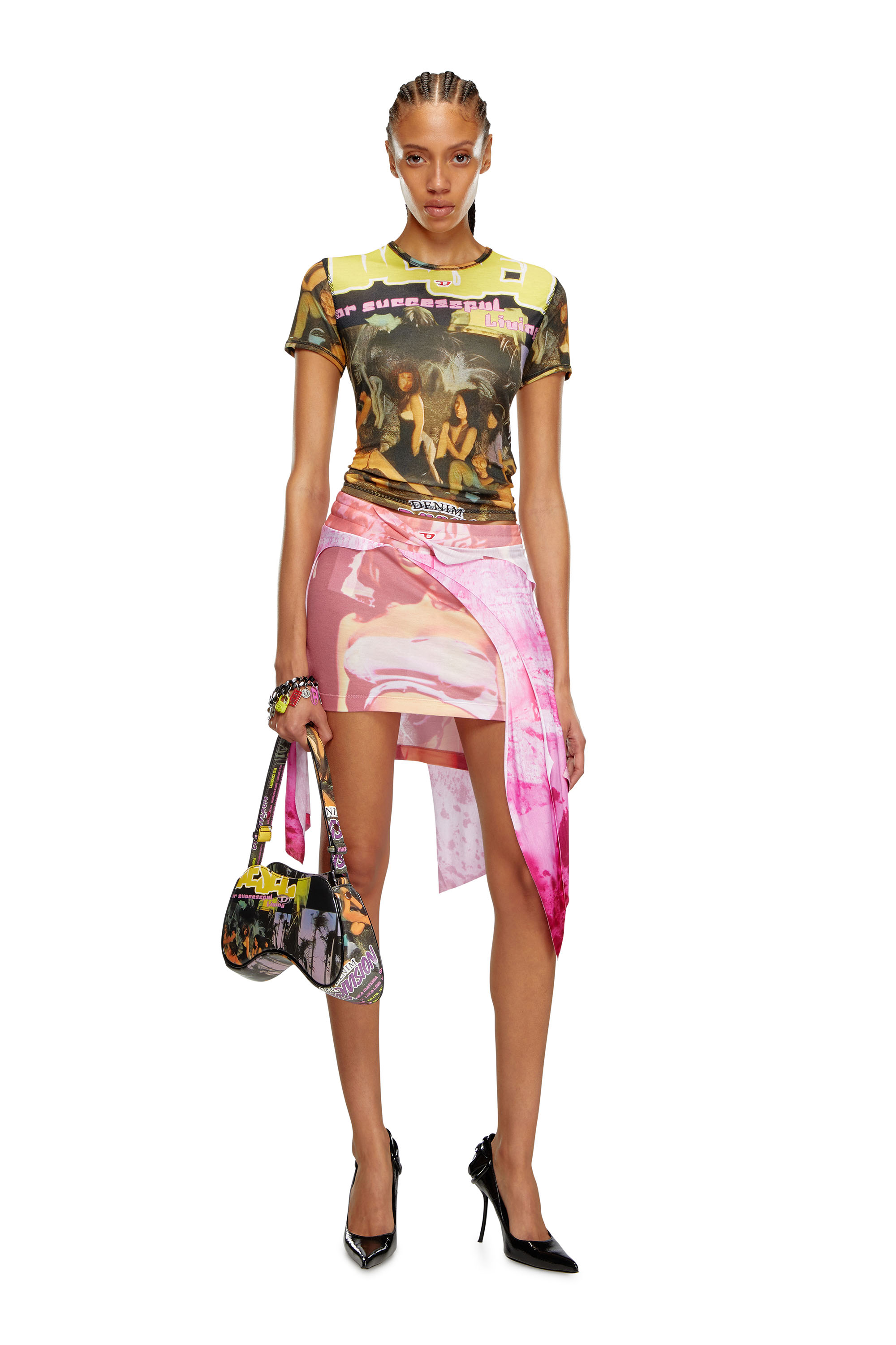 Diesel - O-MALOR-P1, Woman Asymmetric mini skirt in printed jersey in Pink - Image 1