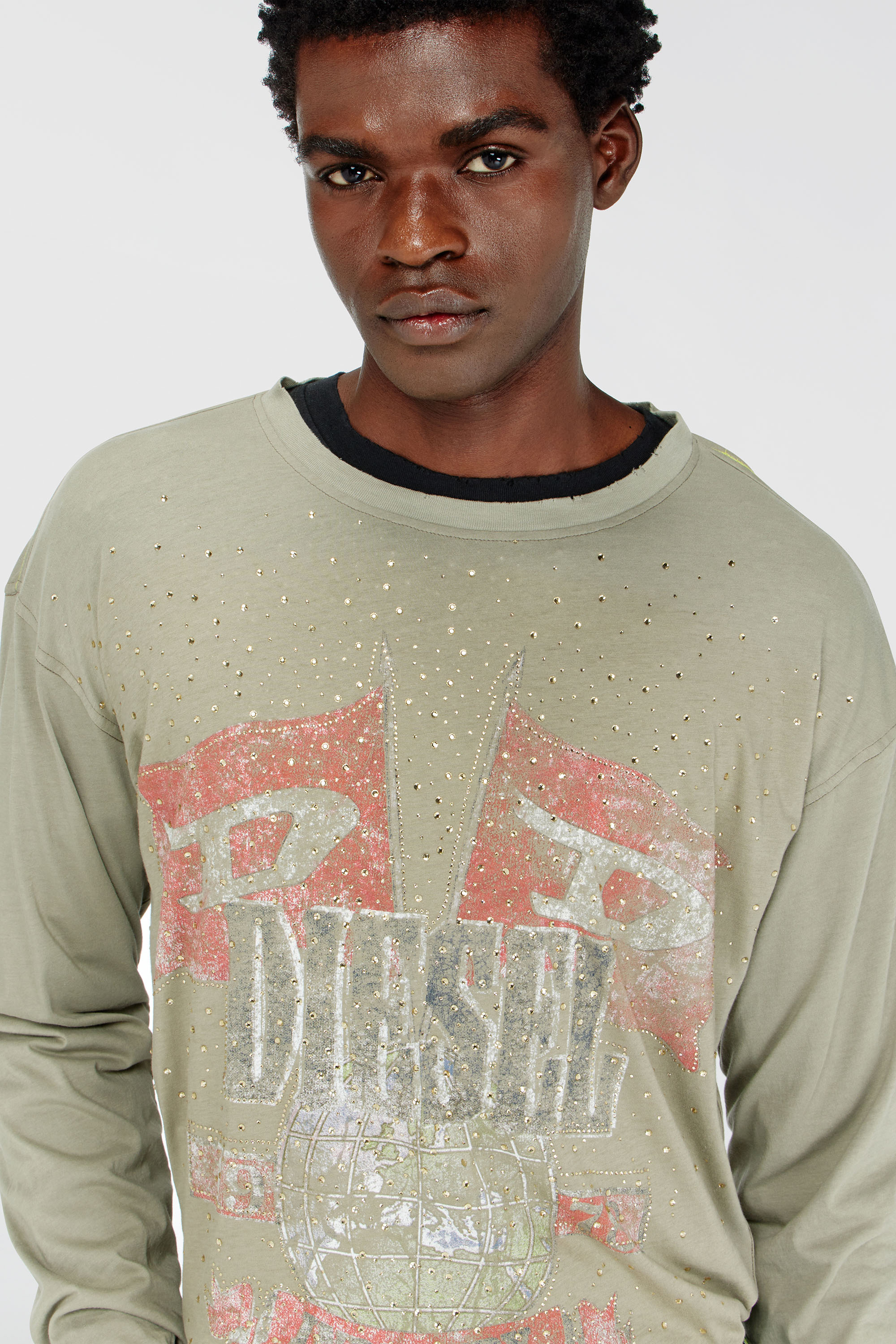 Diesel - T-GERI-LS-A, Man's Long-sleeve T-shirt with concert graphics and crystals in Olive Green - 5