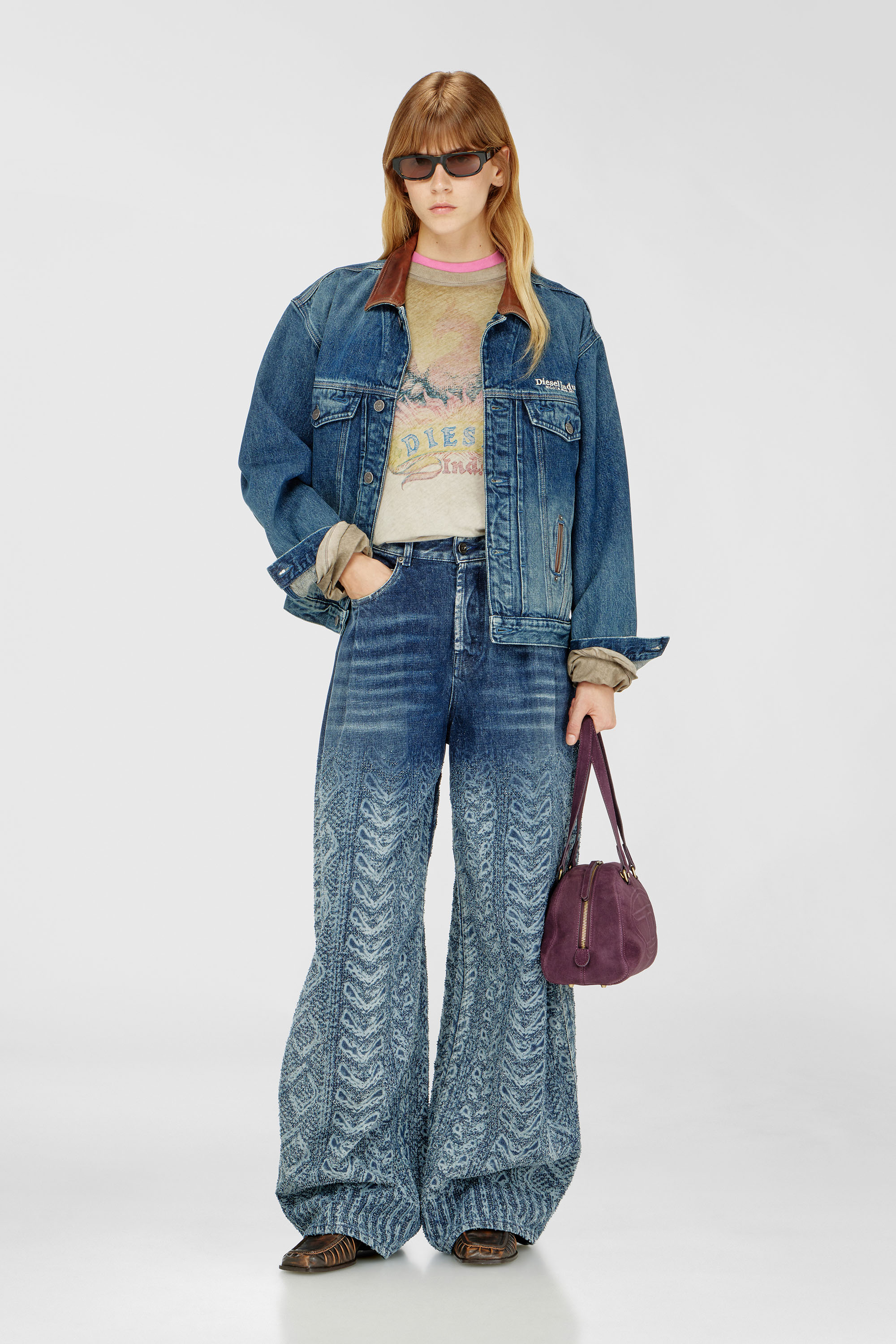 Diesel - D-DENVER-S1, Unisex's Denim trucker jacket with contrast leather trims in Blue - 2