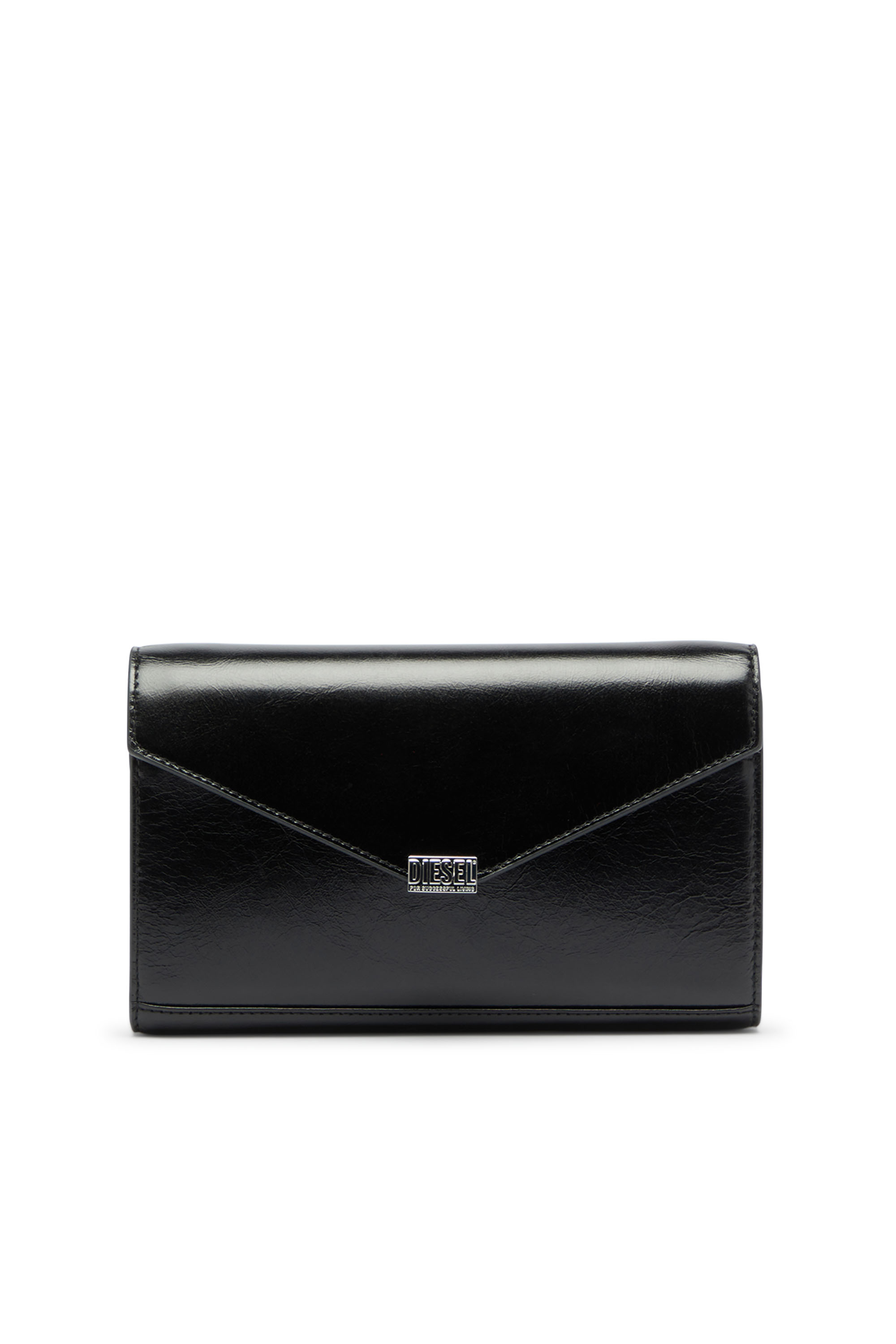 Diesel - D-ENVELOP WALLET ON CHAIN, Woman's Wallet purse in shiny wrinkled leather in Black - 1