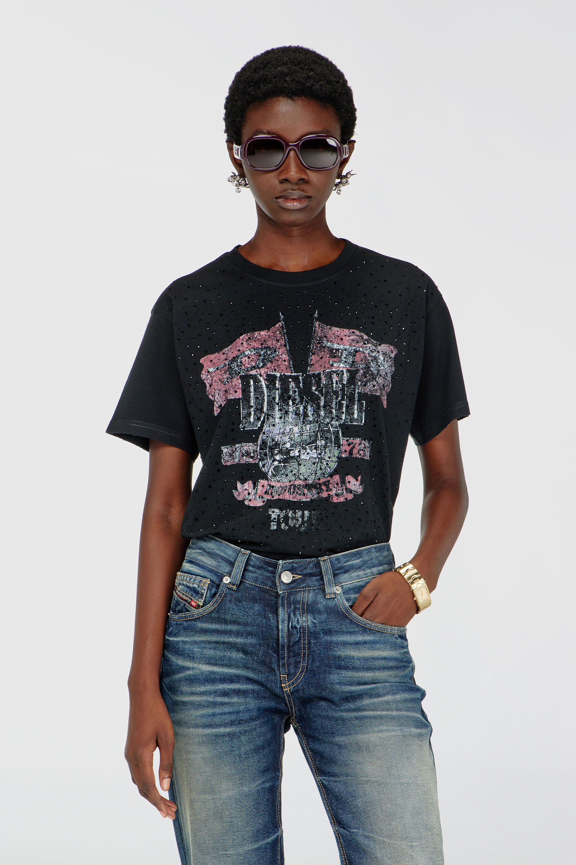 Diesel - T-MARLY, Woman's T-shirt with concert graphics and crystals in null - 3