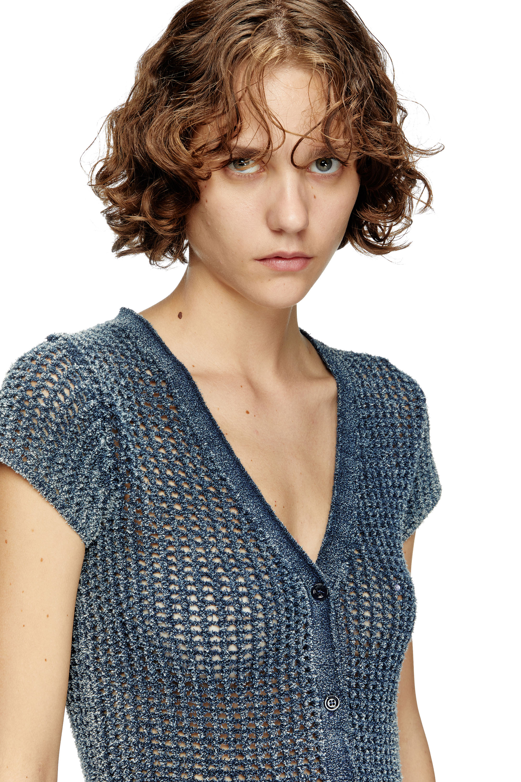 Diesel - M-REZ, Woman's Short-sleeve cardigan in denim mesh knit in Medium blue - 5
