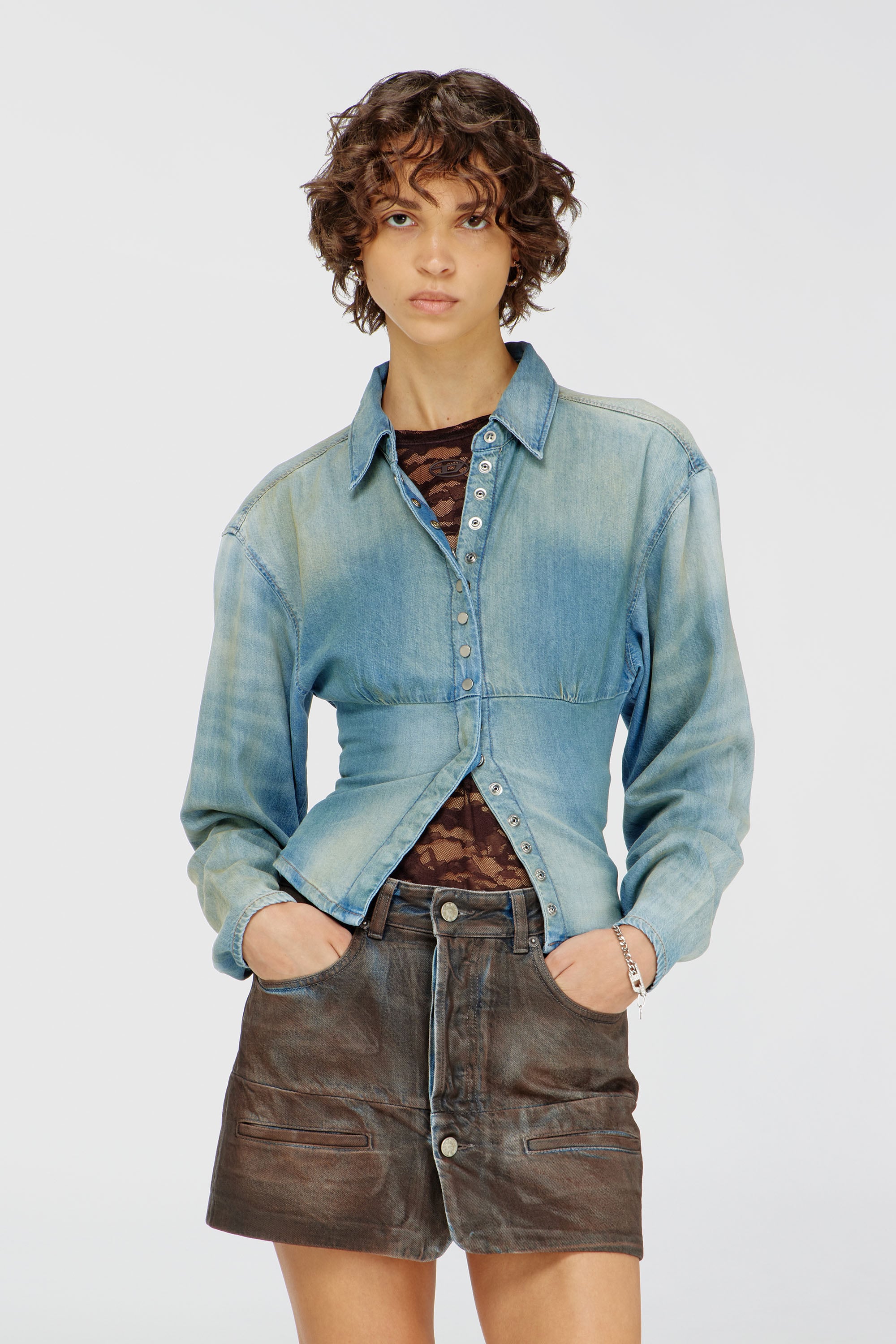 Diesel - DE-VIOLI-S1, Woman's Denim shirt with sectioned design in Light Blue - 1