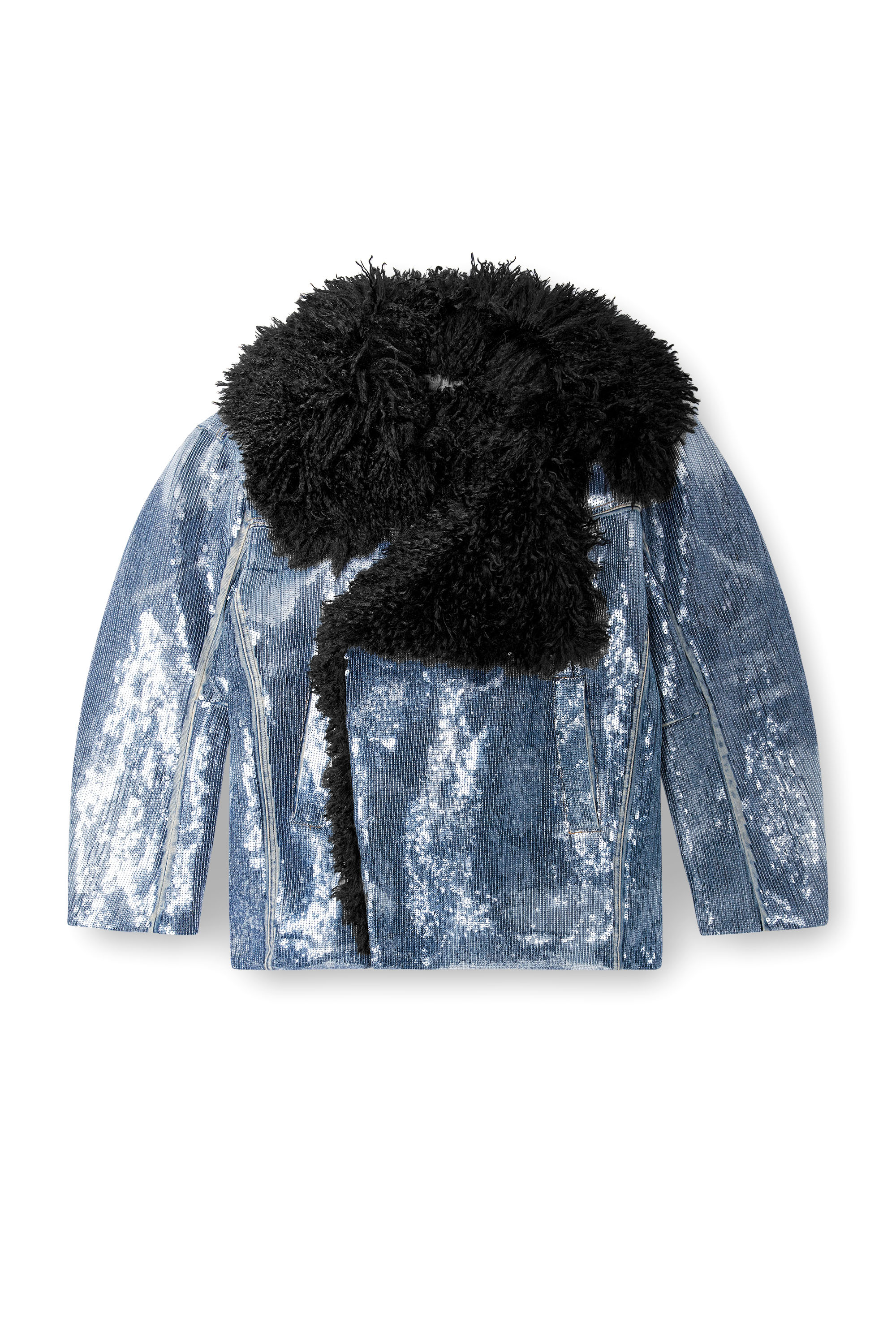 Diesel - DE-BIKA-S, Woman's Sequin denim jacket with shaggy collar in Medium blue - 3