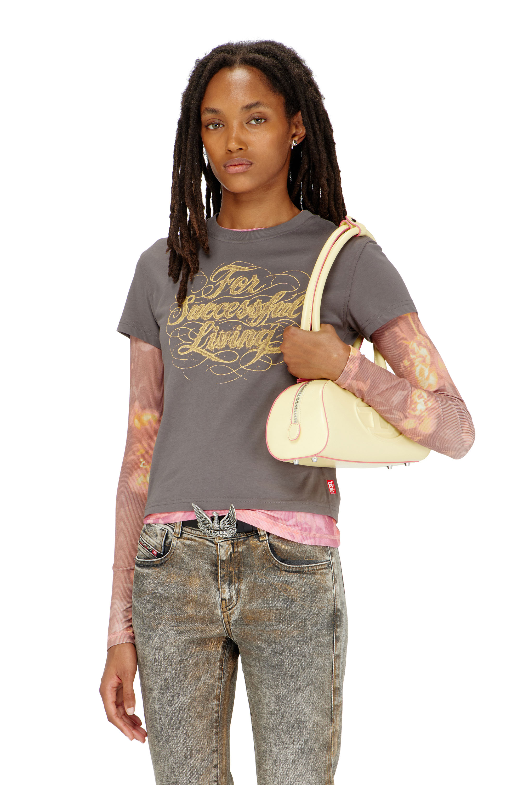 Diesel - T-ILA-AA4, Woman's T-shirt with logo print in Dark grey - 1