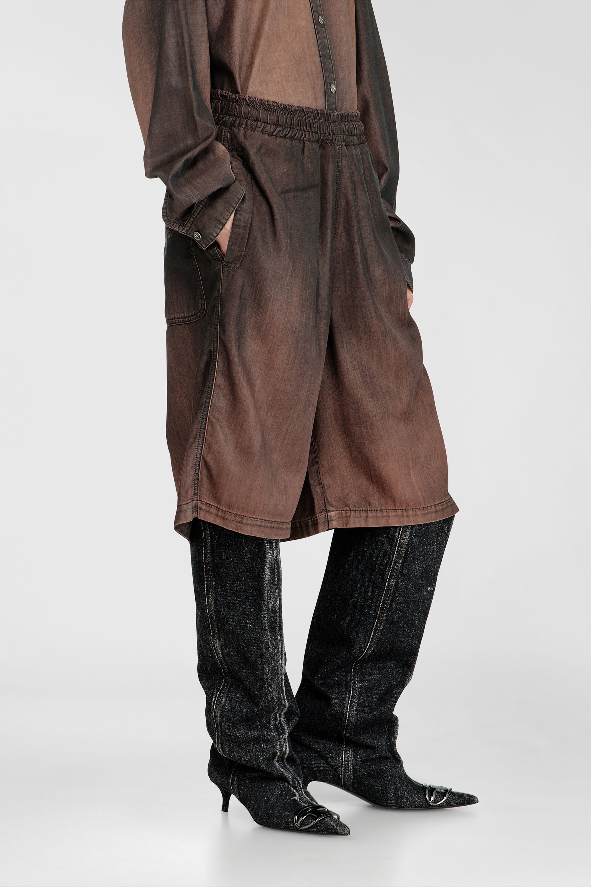 Diesel - D-RODER-SHORT-S, Unisex's Relaxed bermuda shorts in fluid coated denim in Brown - 2