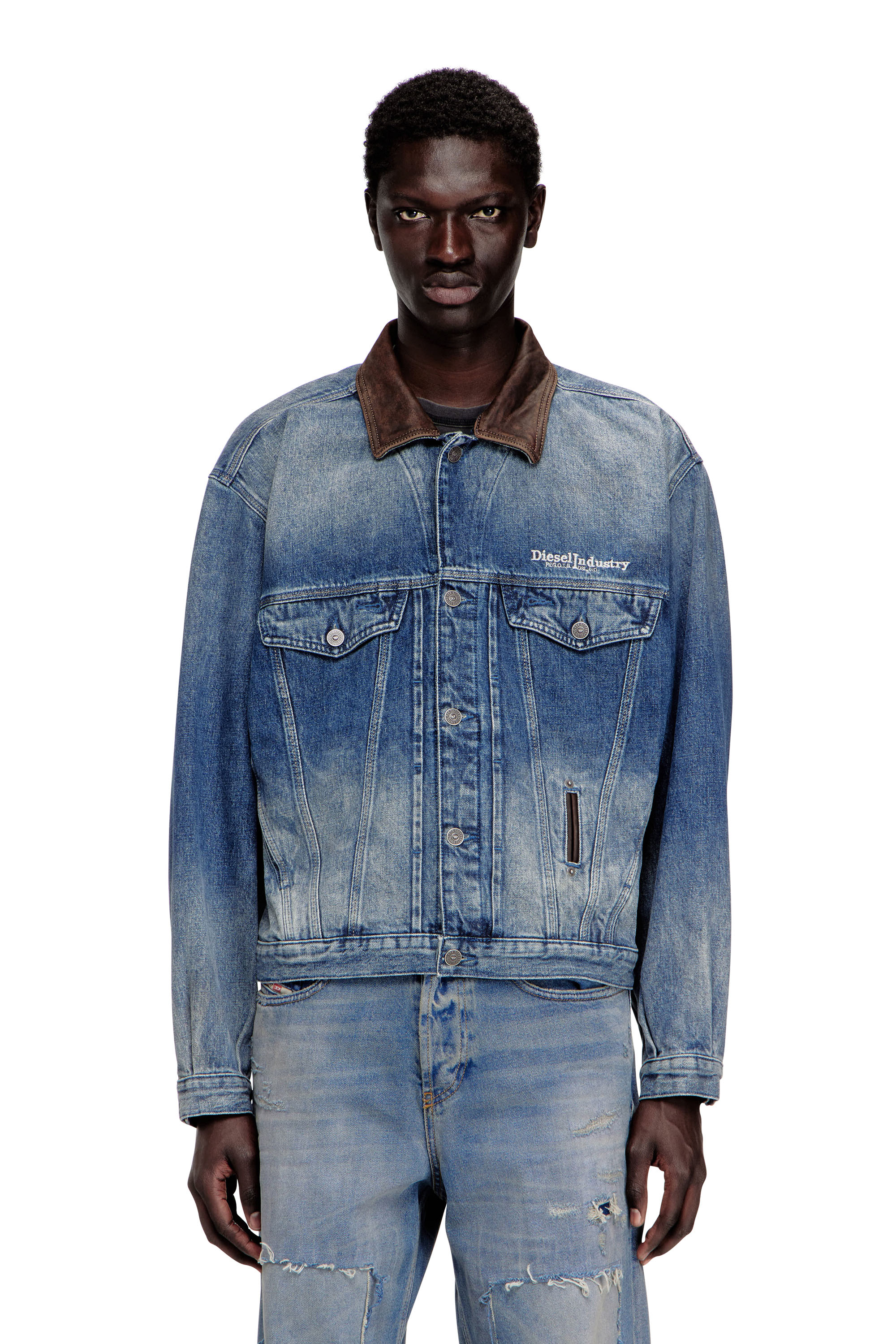 Diesel - D-DENVER-S1, Unisex's Denim trucker jacket with contrast leather trims in Blue - 1
