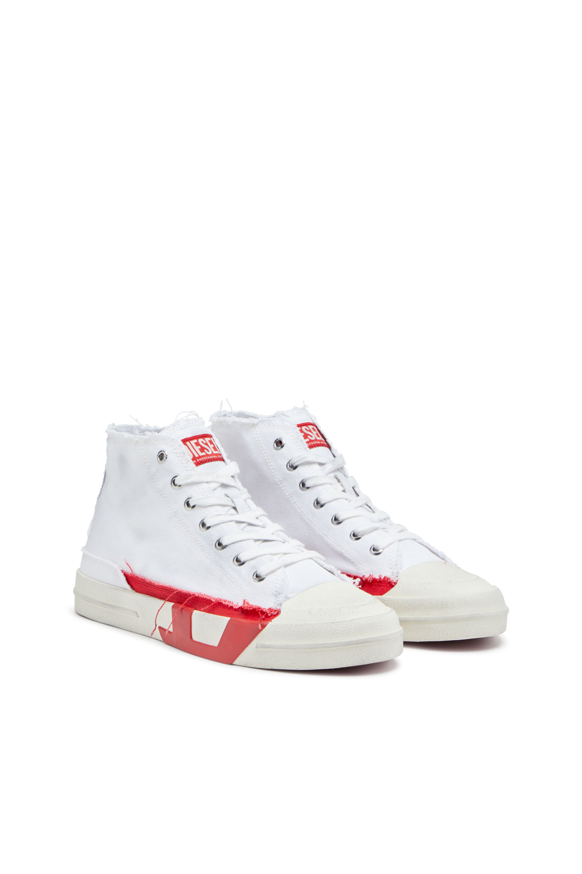 Diesel - S-D-VERSE MID, Man's Dirty-effect high-top canvas sneakers in White/Red - 2