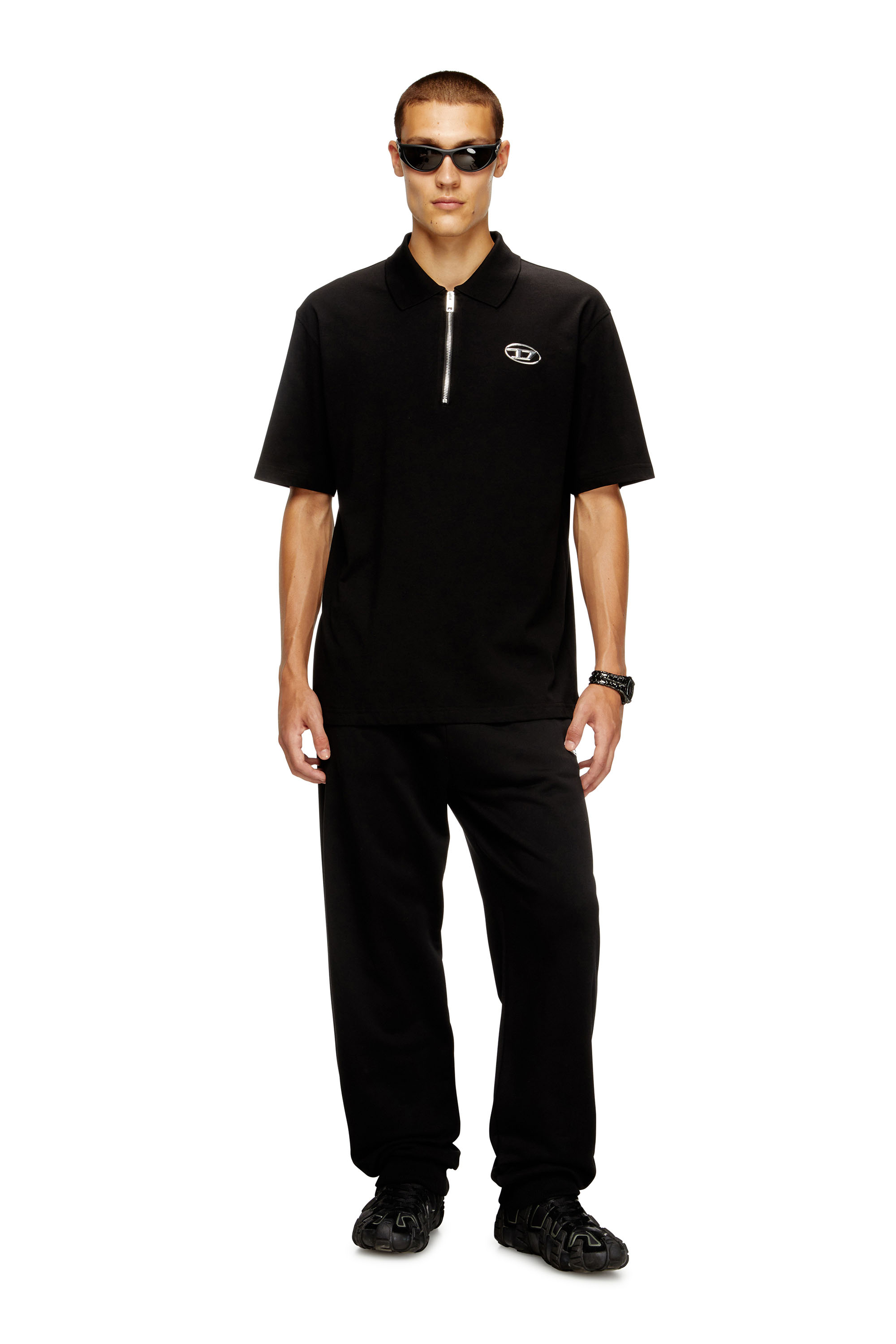 Diesel - T-VOR-OD, Man's Zip front polo shirt with laser cut Oval D in Black - 1