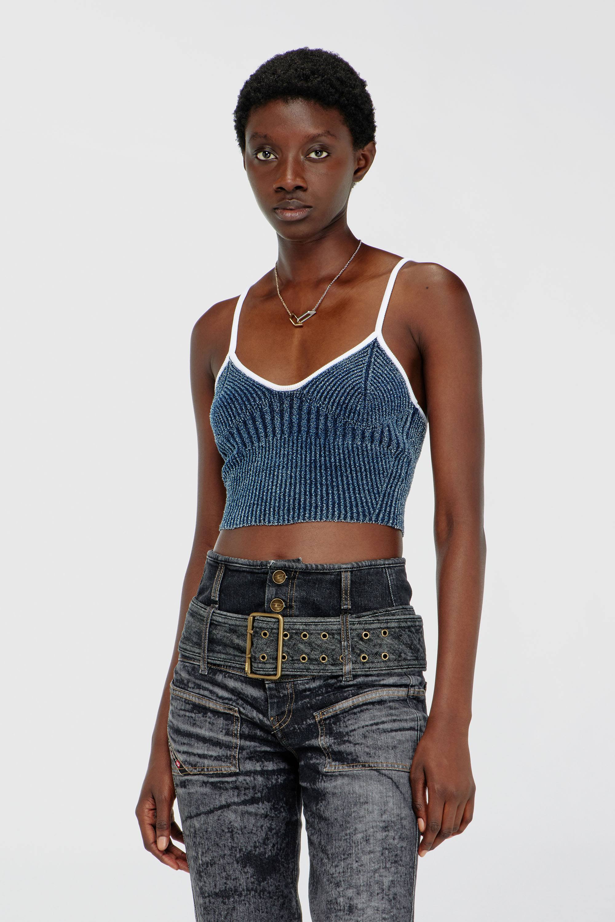 Diesel - M-ESTERE, Woman's Crop top in indigo boucl&eacute; ribbed knit in Blue/White - 3