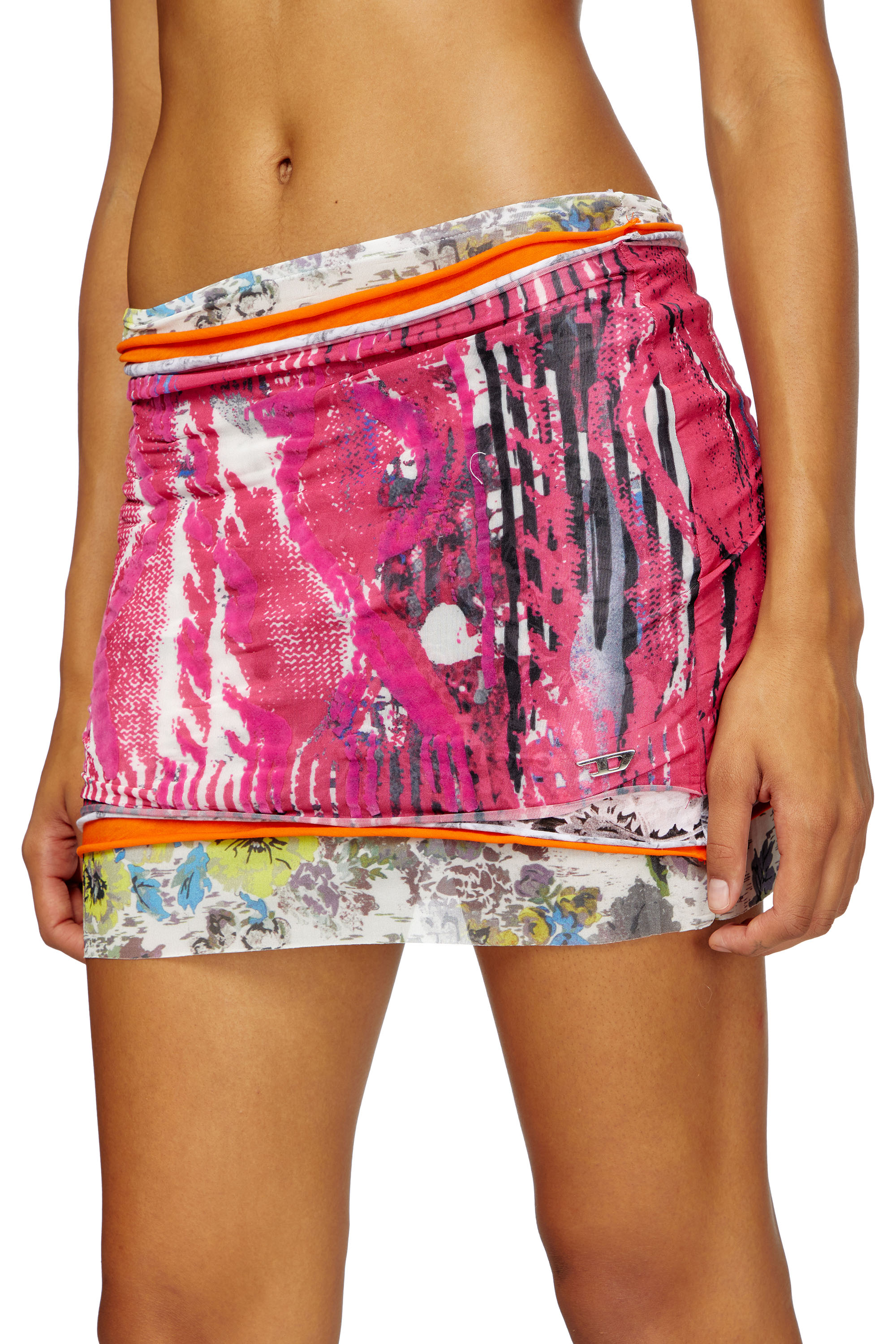 Diesel - O-PEONY, Woman's Layered miniskirt with Peony pop print in Pink - 5