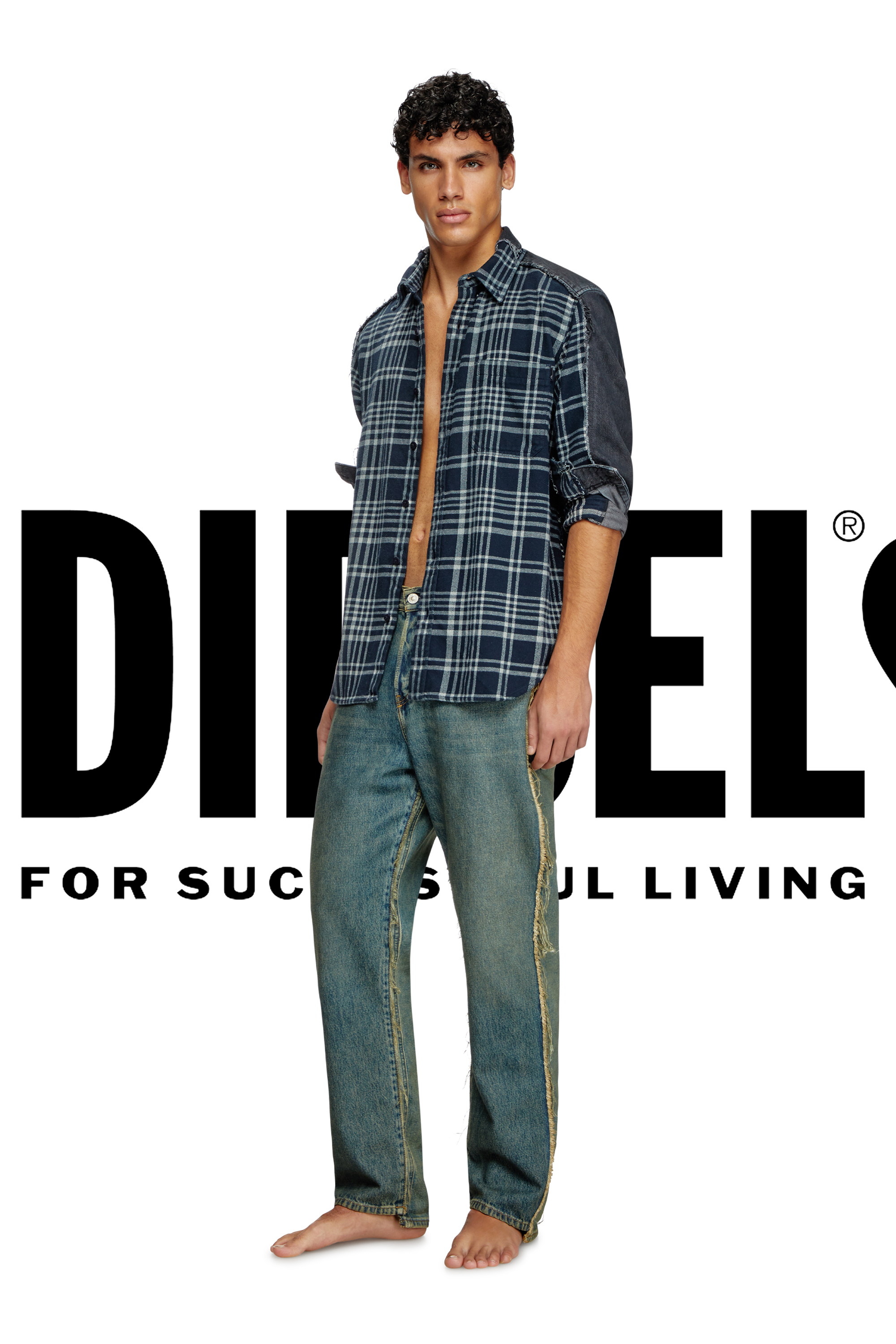 Diesel - Shirt Dieseloves 6B, Unisex's Overdyed check and denim shirt in Blue/Black - 1